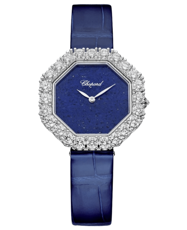 Chopard L'Heure Du Diamant Octagonal Automatic Blue Dial Diamond Bezel 18K White Gold Leather Strap Women's Watch 13A097-1112