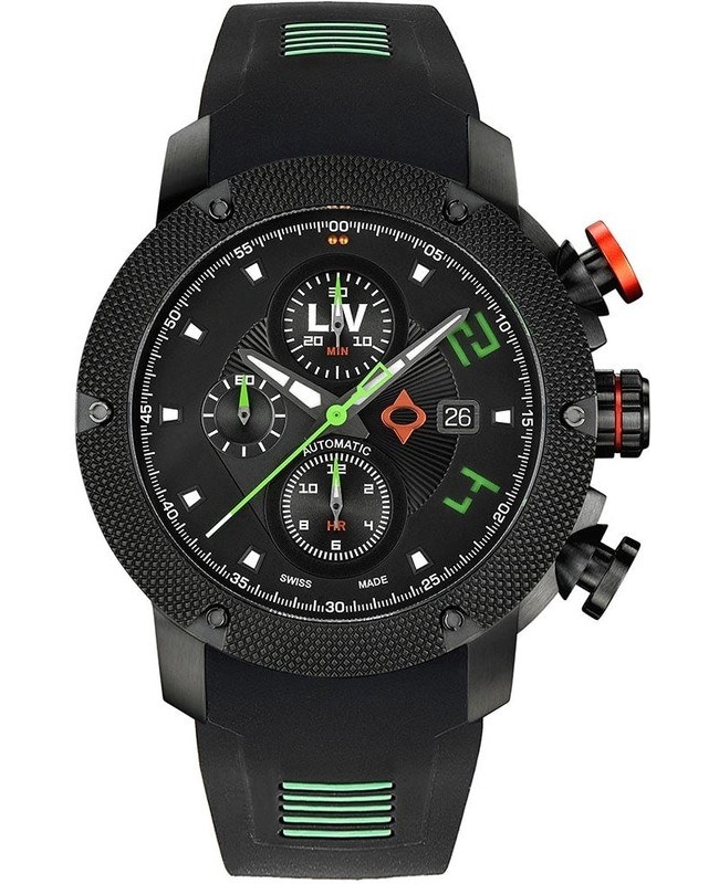 LIV Genesis GX-AC Black Chronograph Dial Silicone Strap Swiss Men’s Watch 1410.46.80.SRBKG 1410.46.80.SRBKG