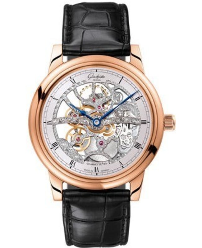 Glashutte Original Senator Manual Winding Skeletonized Edition Rose Gold Black Leather Strap Men’s Watch 1-49-18-01-05-30 1-49-18-01-05-30