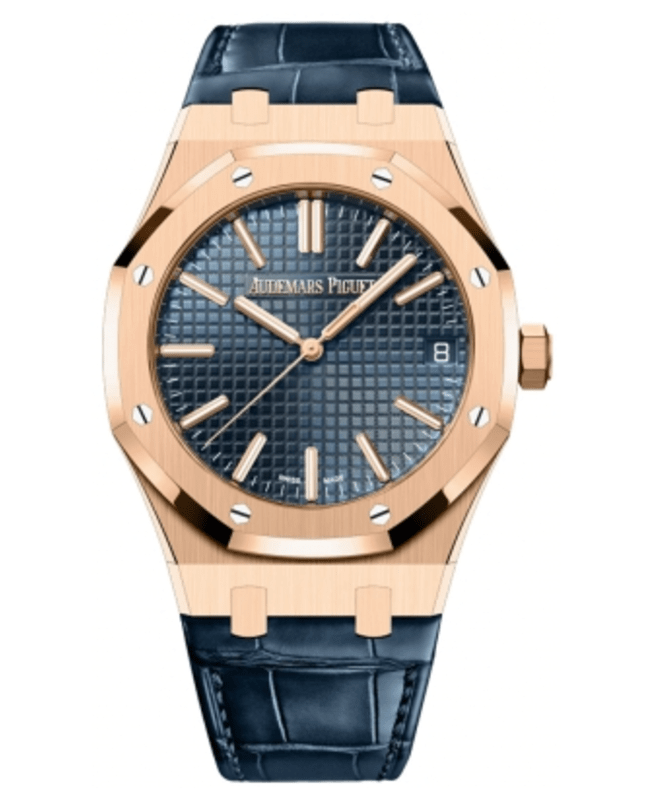 Audemars Piguet Royal Oak Automatic Blue Dial 18k Rose Gold Leather Strap Men's Watch 15510OR.OO.D315CR.02