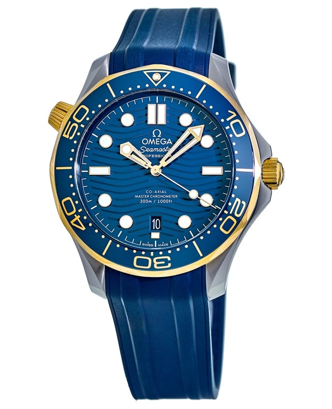 Omega Seamaster Diver 300M Blue Dial 18K Yellow Gold Rubber Strap Men's Watch 210.22.42.20.03.001
