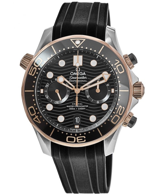 Omega Seamaster Diver 300M Black Dial 18K Rose Gold Rubber Strap Men's Watch 210.22.44.51.01.001