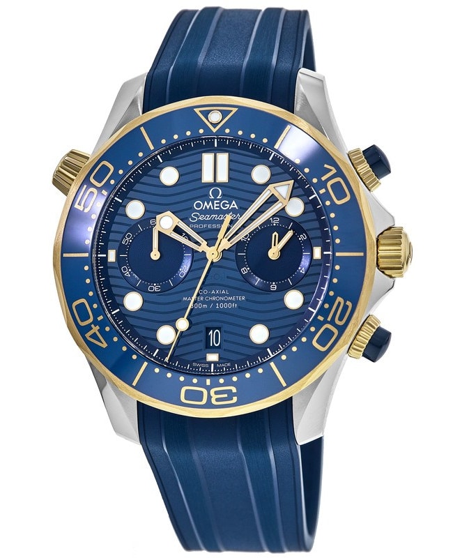 Omega Seamaster Diver 300M Blue Dial 18K Yellow Gold Rubber Strap Men's Watch 210.22.44.51.03.001