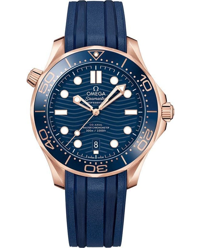 Omega Seamaster Diver 300M Blue Dial 18K Rose Gold Rubber Strap Men's Watch 210.62.42.20.03.001