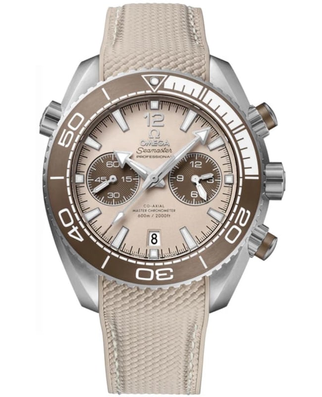 Omega Seamaster Planet Ocean 600M 45.5mm Chronograph Beige Dial Rubber Strap Men's Watch 215.32.46.51.09.001