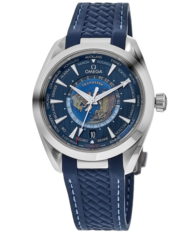 Omega Seamaster Aqua Terra 150M Automatic Worldtimer Blue Dial Rubber Strap Men's Watch 220.12.43.22.03.001