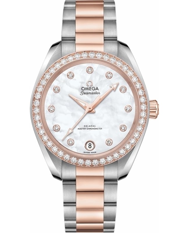 Omega Seamaster Aqua Terra 150m Master Co-Axial Diamond Mother of Pearl Dial Two-Tone 18K Rose Gold & Stainless Steel Women's Watch 220.25.34.20.55.001