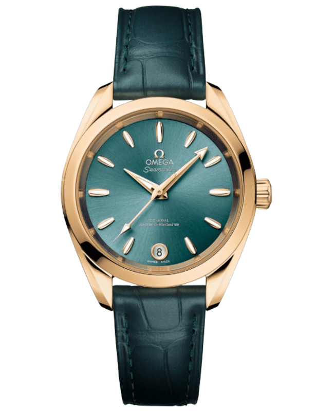 Omega Seamaster Aqua Terra Shades Automatic Green Dial 18K Yellow Gold Leather Strap Women's Watch 220.53.34.20.10.001