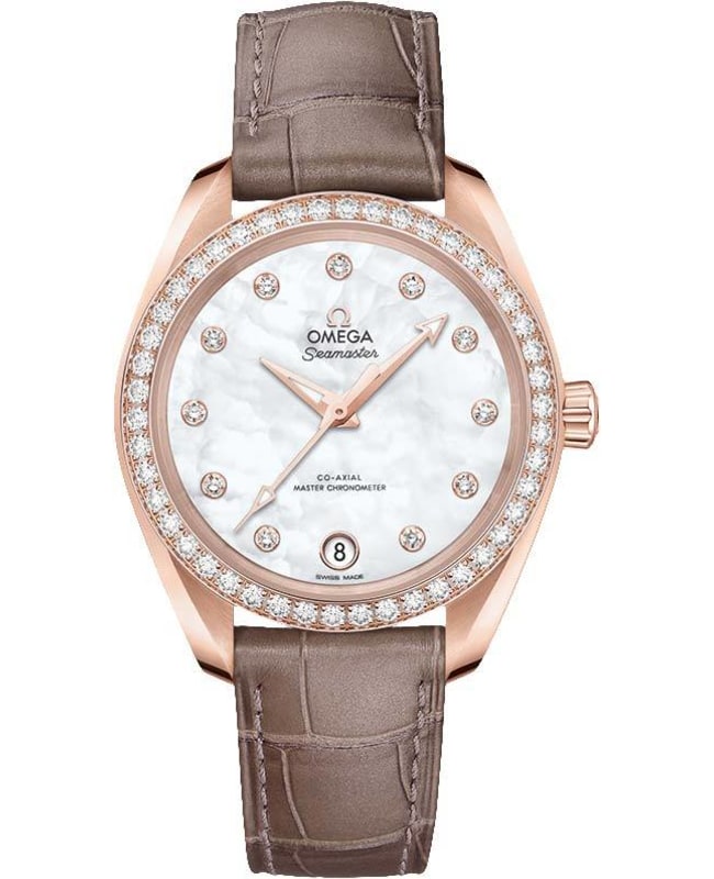 Omega Seamaster Aqua Terra 150m Master Co-Axial Chronometer 34 MM Rose Gold Mother of Pearl Diamond Dial Leather Women’s Watch 220.58.34.20.55.001 220