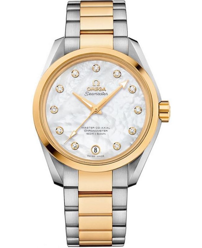 Omega Seamaster Aqua Terra 150m Master Co-Axial Mother of Pearl Diamond Dial Two-Tone 18k Yellow Gold & Stainless Steel Women's Watch 231.20.39.21.55.004