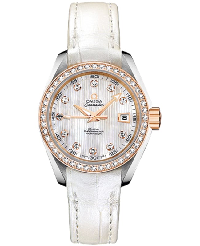 Omega Seamaster Aqua Terra 150m Master Co-Axial Diamond White Dial 18K Rose Gold Leather Strap Women's Watch 231.28.30.20.55.001