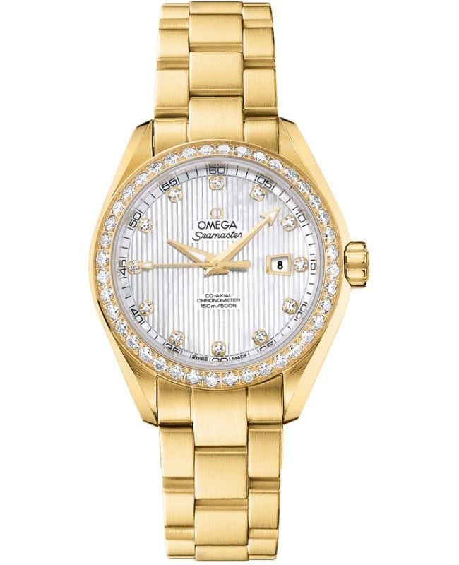 Omega Seamaster Aqua Terra Automatic Chronometer 34mm Diamond White Dial 18K Yellow Gold Womens Watch 23155342055001 23155342055001