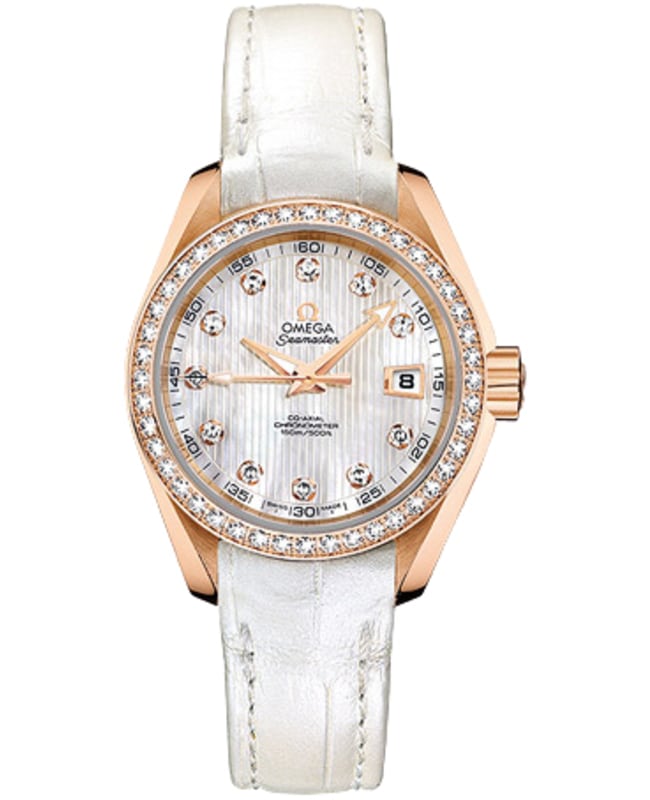 Omega Seamaster Aqua Terra 150m Master Co-Axial Diamond White Dial 18K Rose Gold Leather Strap Women's Watch 231.58.30.20.55.001