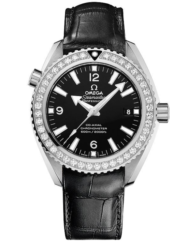 Omega Seamaster Planet Ocean 600M 42mm Black Dial Diamond Bezel Leather Strap Men's Watch 232.18.42.21.01.001