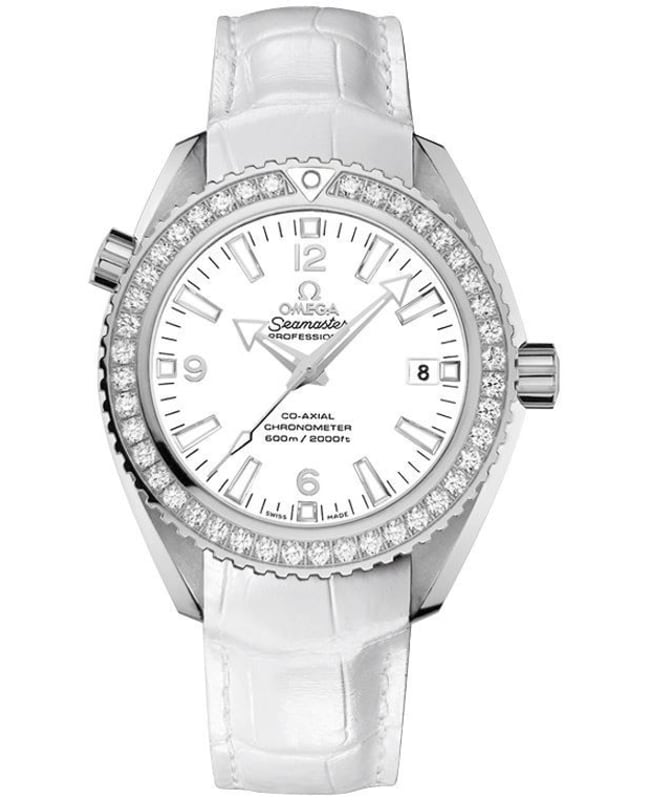 Omega Seamaster Planet Ocean 600M 42mm White Dial Diamond Bezel Leather Strap Men's Watch 232.18.42.21.04.001