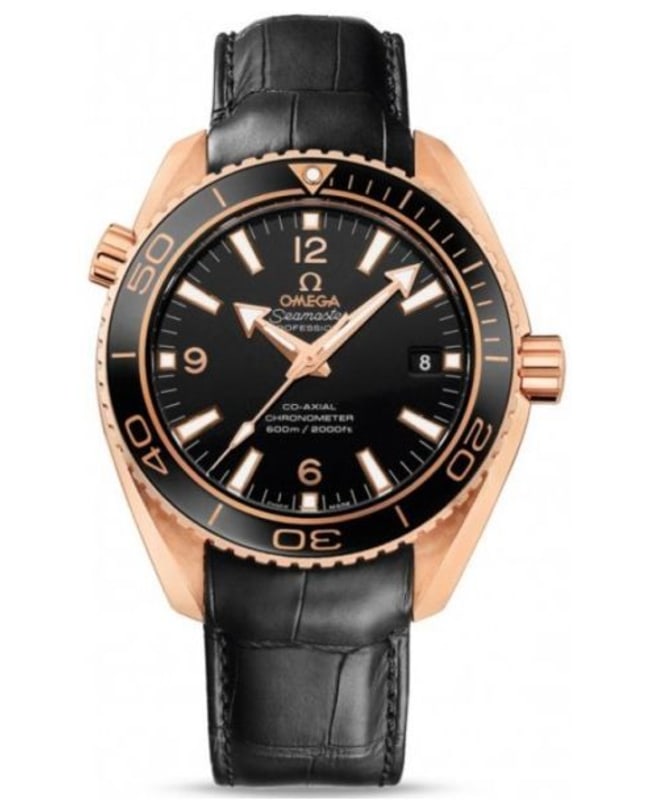 Omega Seamaster Planet Ocean 600M 42mm Black Dial 18K Rose Gold Leather Strap Men's Watch 232.63.42.21.01.001