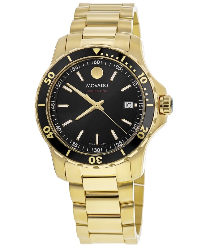 Movado Series 800 Black Dial Yellow Gold Tone Men\'s Watch 2600145