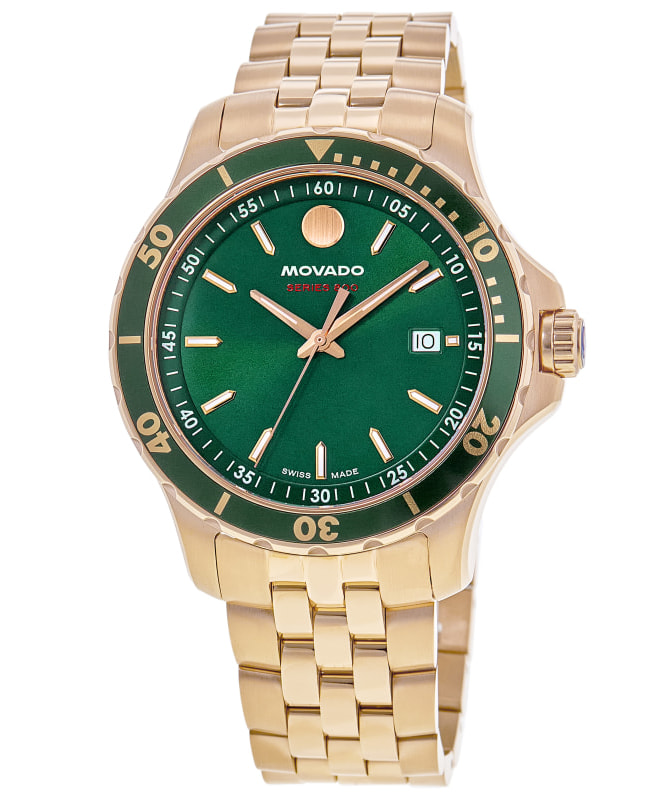 Movado Series 800 Quartz Green Dial Rose Gold PVD Steel Men's