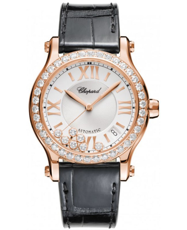 Chopard Happy Sport Medium Automatic 36mm Silver Dial 18K Rose Gold Diamond Bezel Leather Strap Women's Watch 274808-5003
