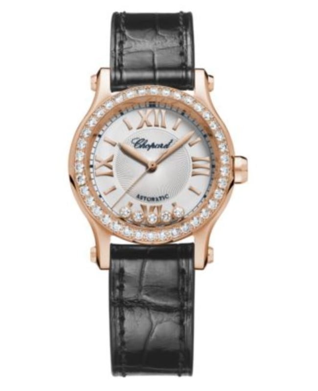 Chopard Happy Sport 30mm Automatic Silver Dial 18K Rose Gold Diamond Bezel Leather Strap Women's Watch 274893-5012