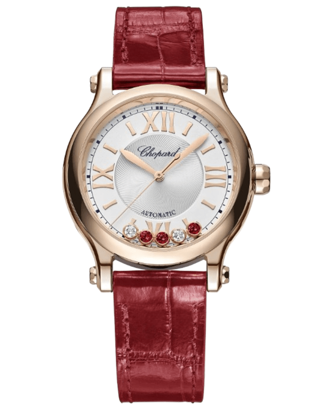 Chopard Happy Sport Automatic 33mm Silver Dial 18K Rose Gold Red Leather Strap Women's Watch 275378-5011