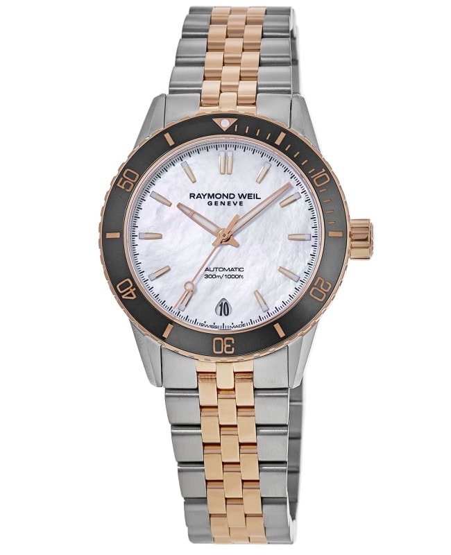 Raymond Weil Freelancer Automatic Diver Mother of Pearl Dial Two Tone Steel Women's Watch 2755-S51-97001