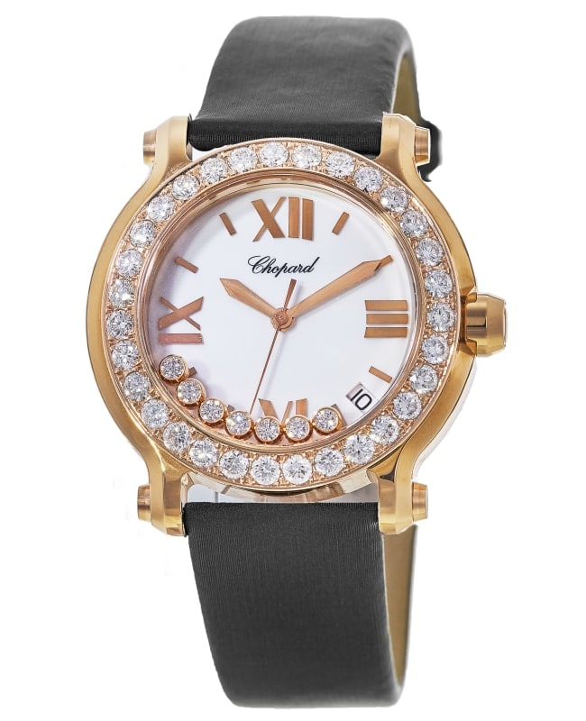 Chopard Happy Sport Medium 36mm 18kt Rose Gold Custom Diamond Satin Strap Women’s Watch 277471-5001S-CD 277471-5001S