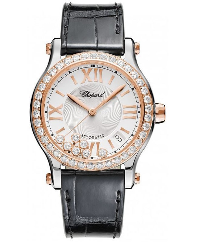 Chopard Happy Sport Medium Automatic 36mm Silver Dial Diamond Bezel Leather Strap Women's Watch 278559-6003