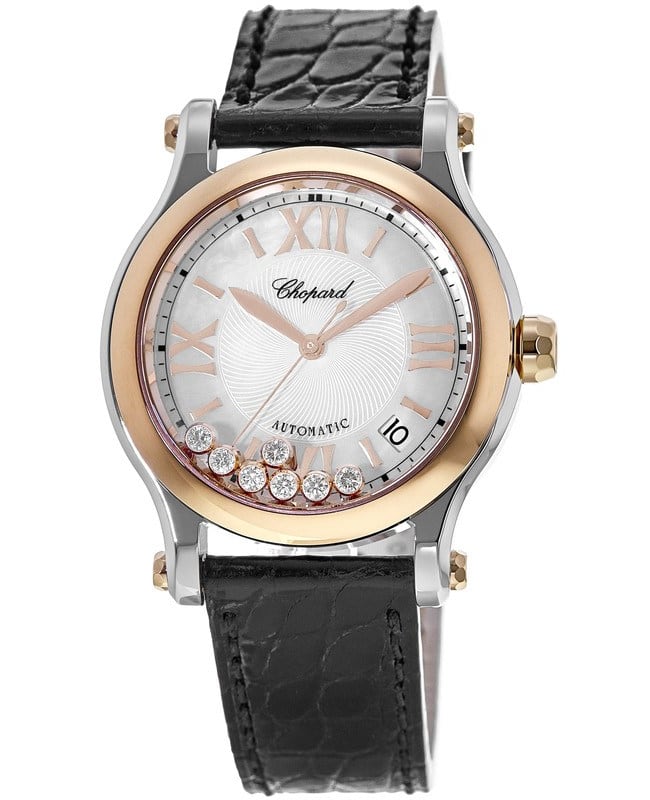 Chopard Happy Sport Medium Automatic 36mm Mother of Pearl Floating Diamond Dial 18K Gold Bezel Leather Strap Women's Watch 278559-6008