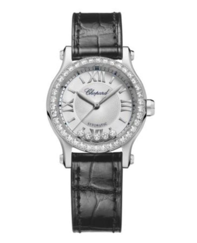 Chopard Happy Sport 30mm Automatic Silver Dial Diamond Bezel Leather Strap Women's Watch 278573-3013