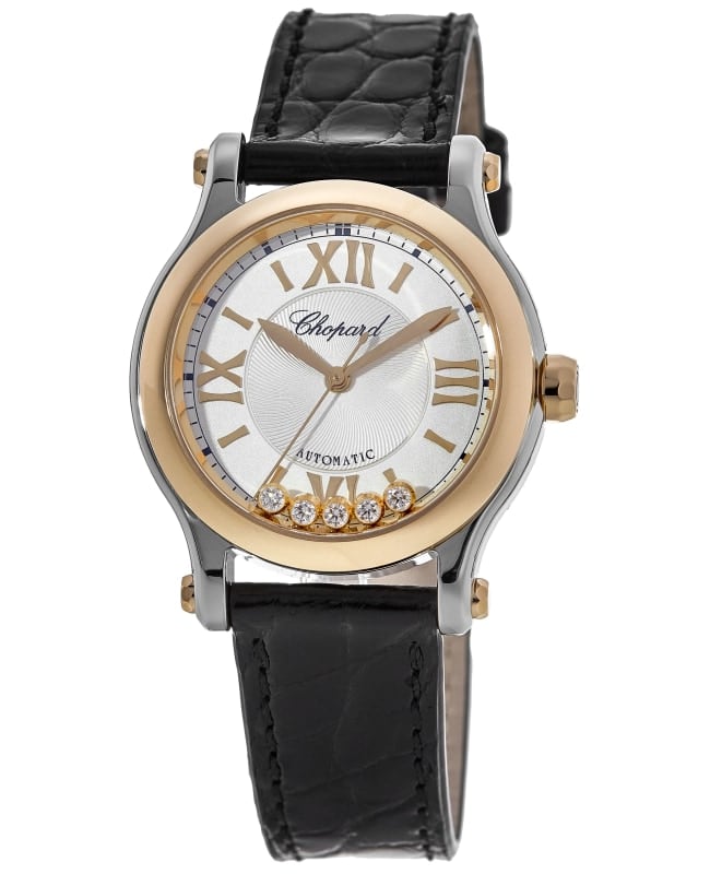 Chopard Happy Sport Mini Automatic 30mm Silver Diamond Dial 18K Rose Gold Bezel Leather Strap Women's Watch 278573-6013