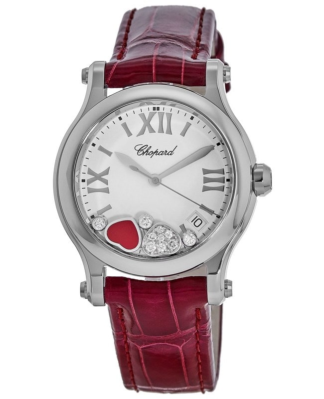 Chopard Happy Hearts Round 36mm White Dial Red Leather Strap Women's Watch  278582-3005
