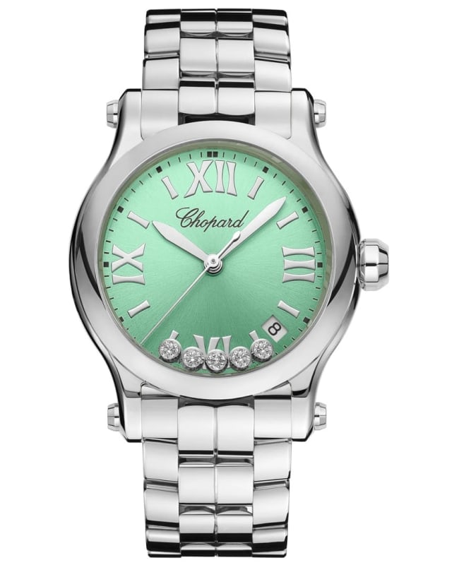 Chopard Happy Sport Round 36mm Green Floating Diamond Dial Steel Women's Watch 278582-3011