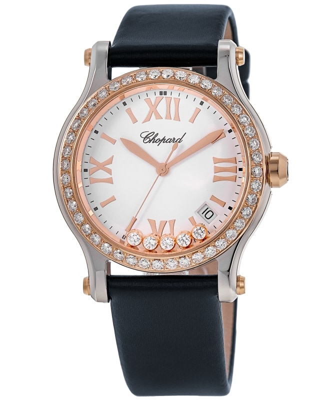Chopard Happy Sport Medium 36mm Rose Gold Custom Diamond Bezel Blue Satin  Women's Watch 278582-6001S-CD Blue