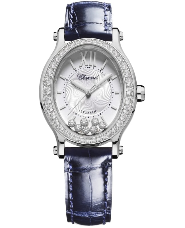 Chopard Happy Sport Oval 7 Floating Diamonds Automatic Silver Dial Leather Strap Women's Watch 278602-3003