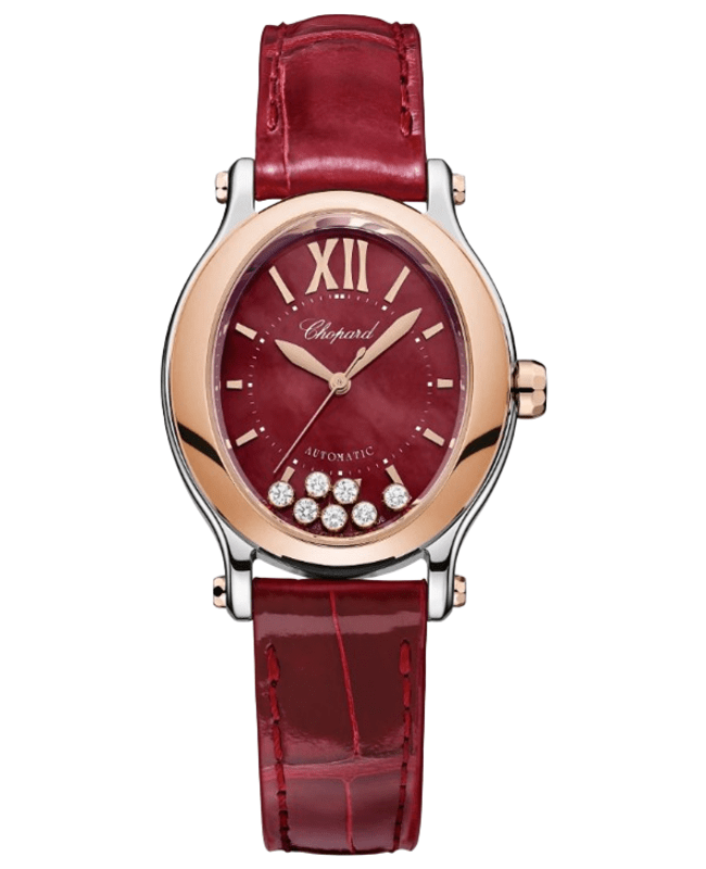 Chopard Happy Sport Oval 7 Floating Diamonds Automatic Mother of Pearl Diamond Dial 18K Rose Gold Bezel Red Leather Strap Women's Watch 278602-6006