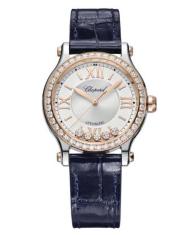 Chopard Happy Sport Automatic 33mm Silver Dial Diamond Bezel Leather Strap Women's Watch 278608-6003