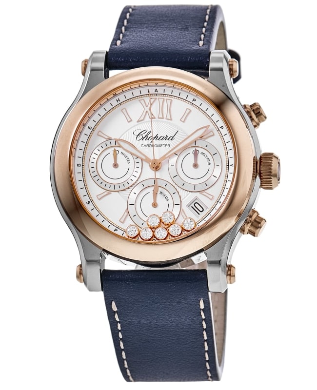 Chopard Happy Sport Chronograph Automatic Rose Gold Diamond Dial Leather Strap Women's Watch 278615-6001