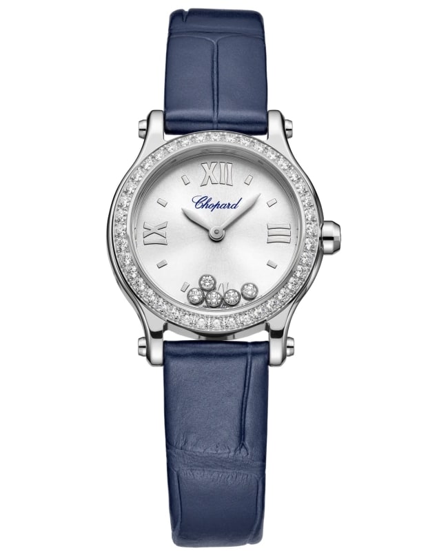 Chopard Happy Sport 25mm Silver Dial Diamond Bezel Leather Strap Women's Watch 278620-3002