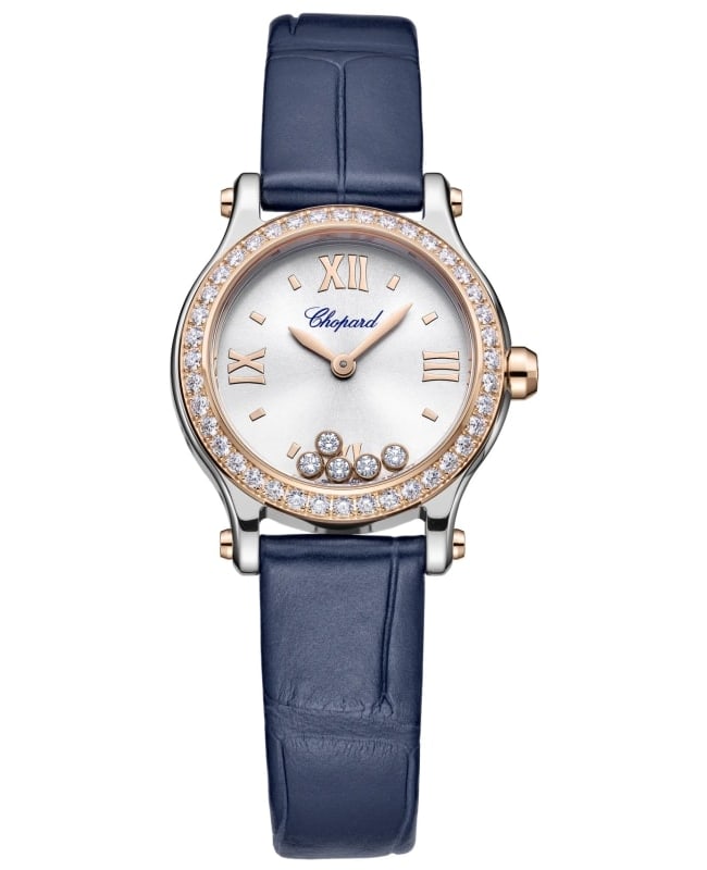 Chopard Happy Sport 25mm Silver Dial Rose Gold Diamond Bezel Leather Strap Women's Watch 278620-6002