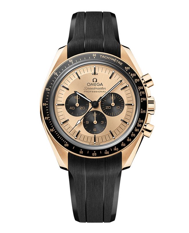 Omega Speedmaster Moonwatch Professional Chronograph Yellow Dial 18kt Yellow Gold rubber strap Men's Watch 310.62.42.50.99.001