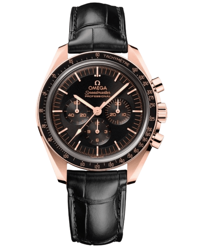 Omega Speedmaster Moonwatch Professional Chronograph Black Dial 18K Rose Gold Leather Strap Men's Watch 310.63.42.50.01.001