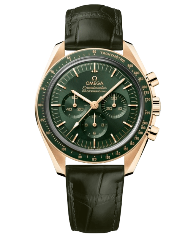 Omega Speedmaster Moonwatch Professional Chronograph Green Dial 18K Yellow Gold Leather Strap Yellow Gold Men's Watch 310.63.42.50.10.001
