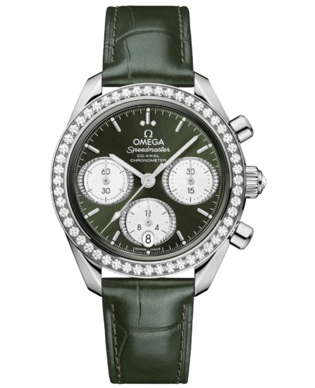 Omega Speedmaster Co-Axial Chronograph 38mm Automatic Green Dial Diamond Bezel Leather Strap Unisex Watch 324.18.38.50.60.001