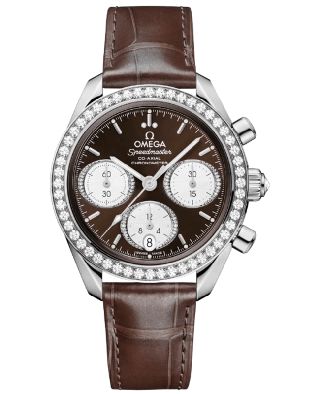 Omega Speedmaster Co-Axial Chronograph 38mm Automatic Brown Dial Diamond Bezel Leather Strap Unisex Watch 324.18.38.50.63.001