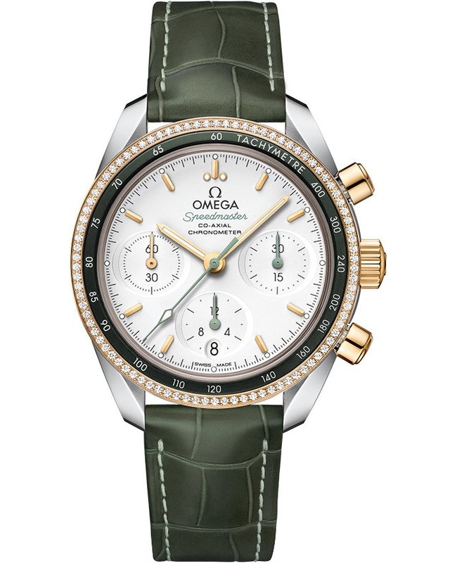 Omega Speedmaster Co-Axial Chronograph 38mm Diamond Steel And Yellow Gold Green Leather Unisex Watch 324.28.38.50.02.001 324.28.38.50.02.001