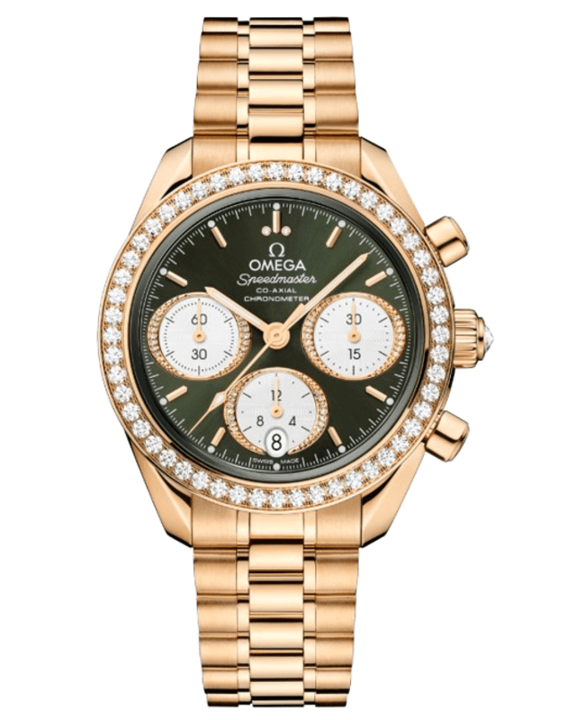Omega Speedmaster Co-Axial Chronograph 38mm Automatic Green Dial Diamond Bezel 18K Yellow Gold Unisex Watch 324.55.38.50.60.001
