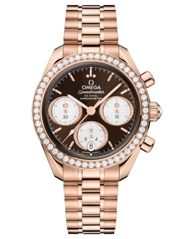 Omega Speedmaster Co-Axial Chronograph 38mm Automatic Brown Dial Diamond Bezel 18K Rose Gold Unisex Watch 324.55.38.50.63.001