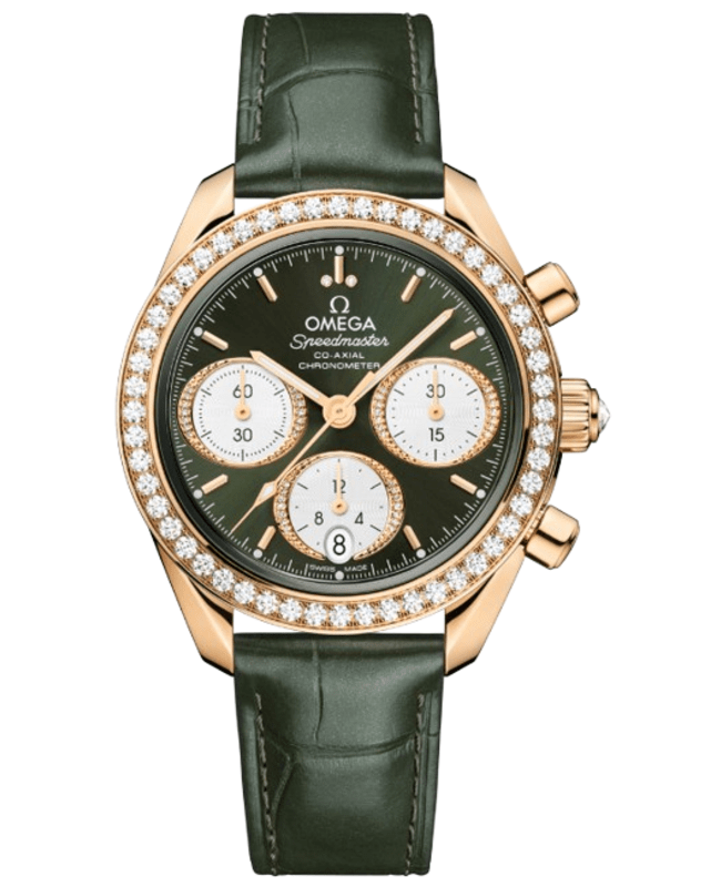 Omega Speedmaster Co-Axial Chronograph 38mm Automatic Green Dial Diamond Bezel 18K Rose Gold Leather Strap Unisex Watch 324.58.38.50.60.001