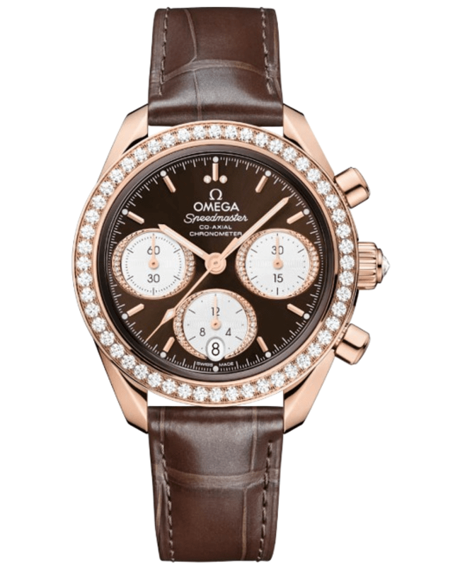 Omega Speedmaster Co-Axial Chronograph 38mm Automatic Brown Dial Diamond Bezel 18K Rose Gold Leather Strap Unisex Watch 324.58.38.50.63.001